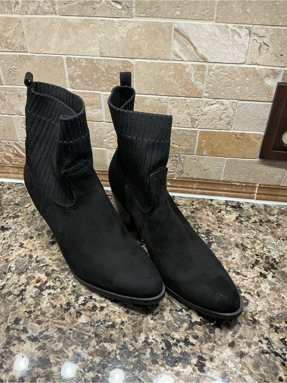 Time and Tru Black Knit-Top Ankle Boots